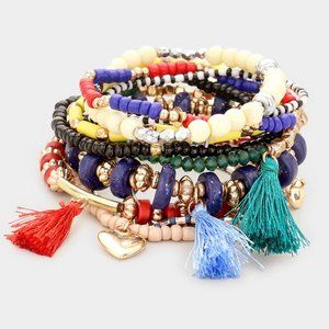10PCS - WOOD BEAD TASSEL LAYERED STRETCH BRACELETS